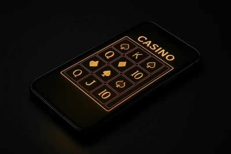 Smartphone face-up with glowing casino game grid on dark surface