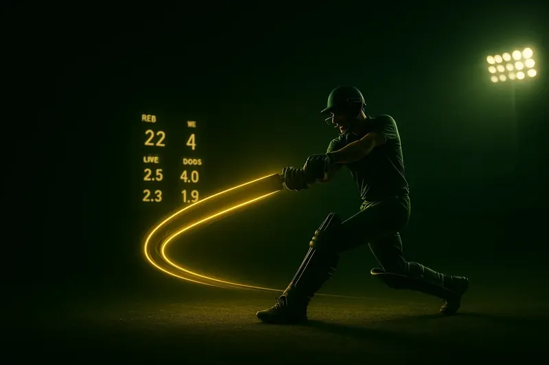 Cricket athlete in motion with neon speed trail under stadium floodlights