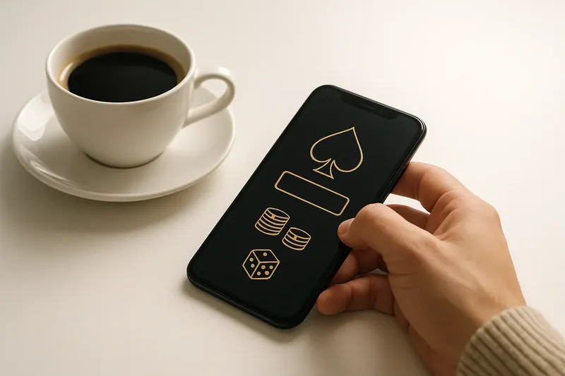 Person at cafe table using smartphone with dark casino app beside coffee